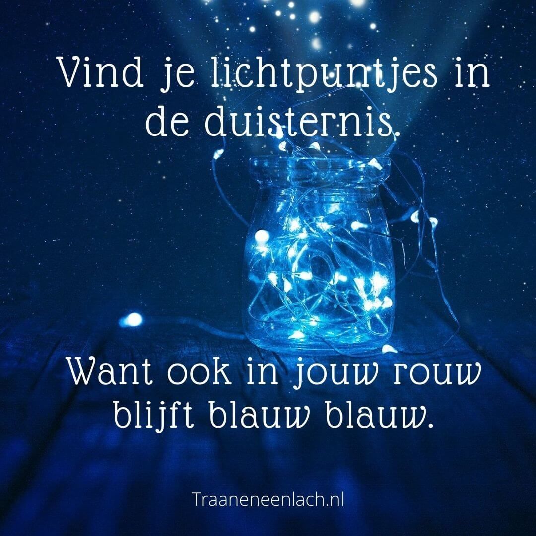 Vind je lichtpuntjes in de duisternis. Want ook in jouw rouw blijft blauw blauw. - Traan en een Lach - Leren leven met verdriet